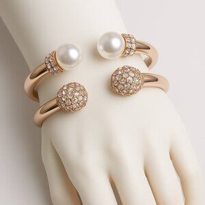 INC Set of 2 Bracelets – Faux Pearl & Crystal Pavé Rose Gold-Tone Cuff Bracelets
